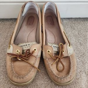 Women's Sperry Top Sider tan and gold boat shoes size 8.5